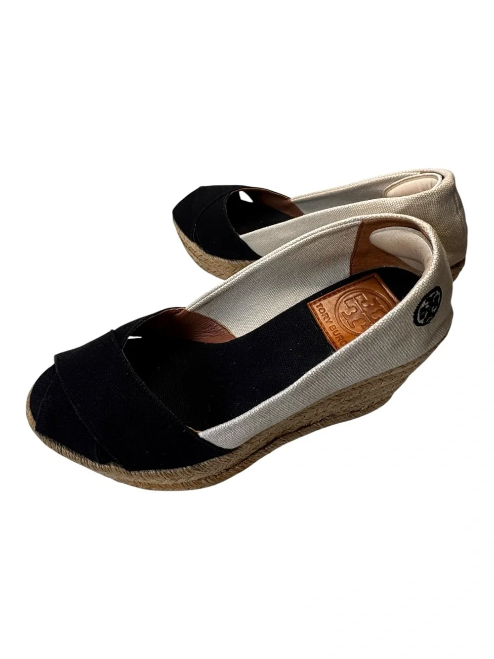 Tory Burch Black Cream Canvas Embroidered Logo Peep Toe Espadrille Wedge Shoes 7